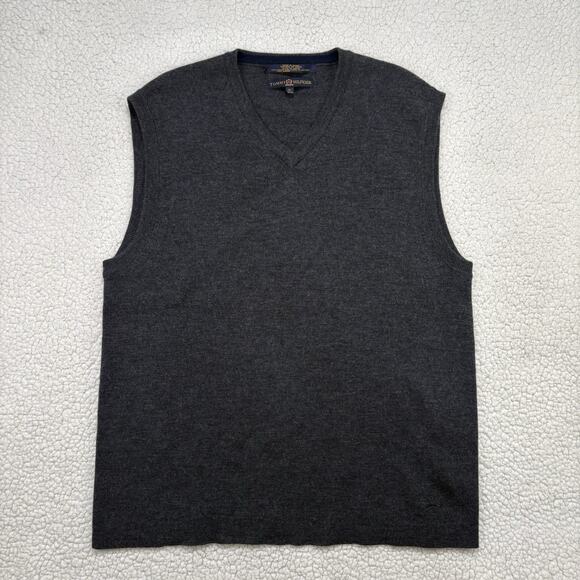 TOMMY HILFIGER Mens XL Merino Wool Sweater Vest Charcoal Pullover Knit Vtg Vneck - Picture 1 of 5